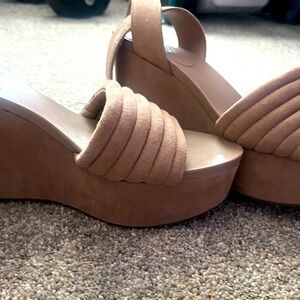 Tan wedge suede sandal with wraparound ankle strap